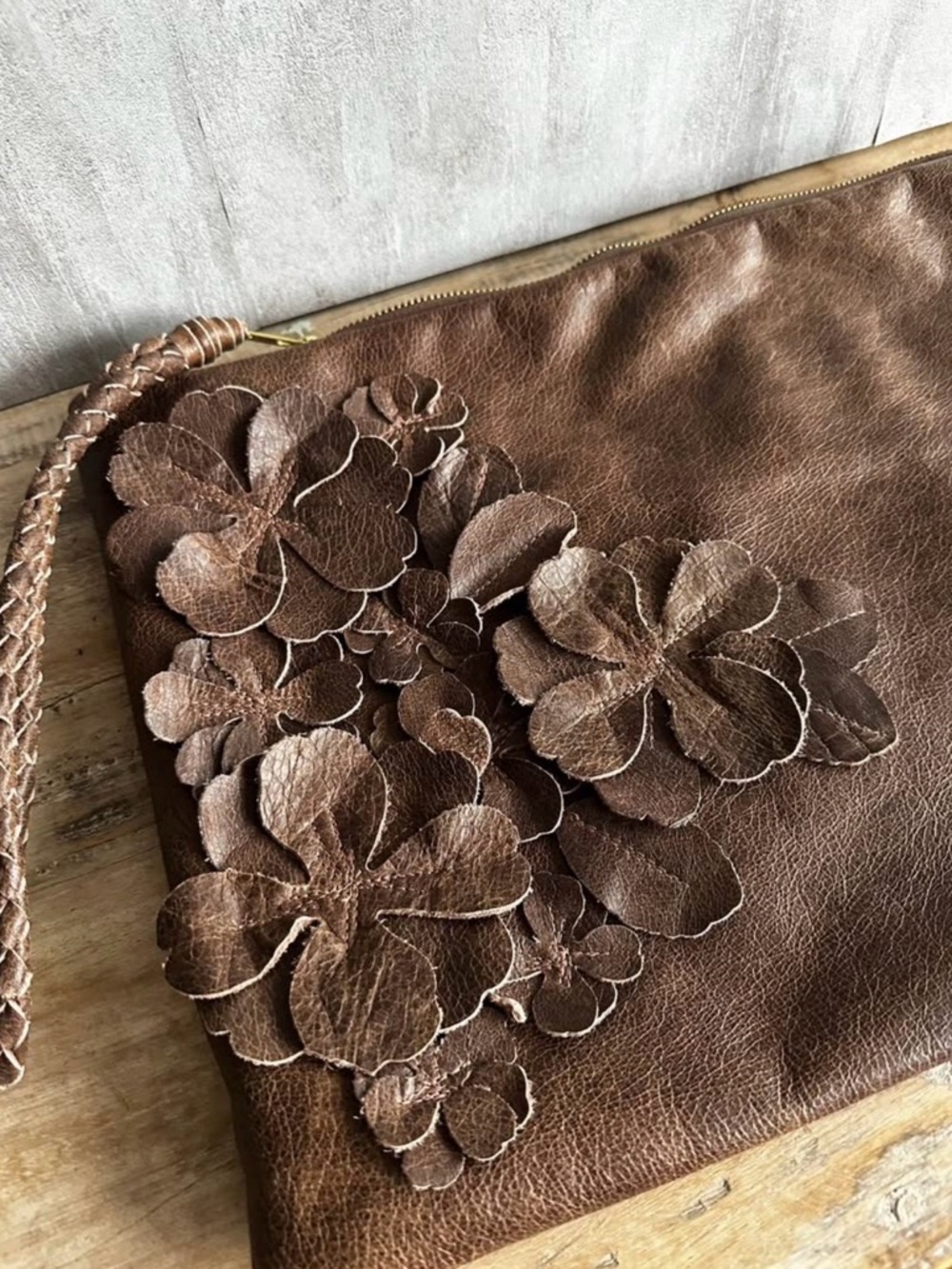 Stacy Leigh Brown Floral Leather Wristlet Clutch